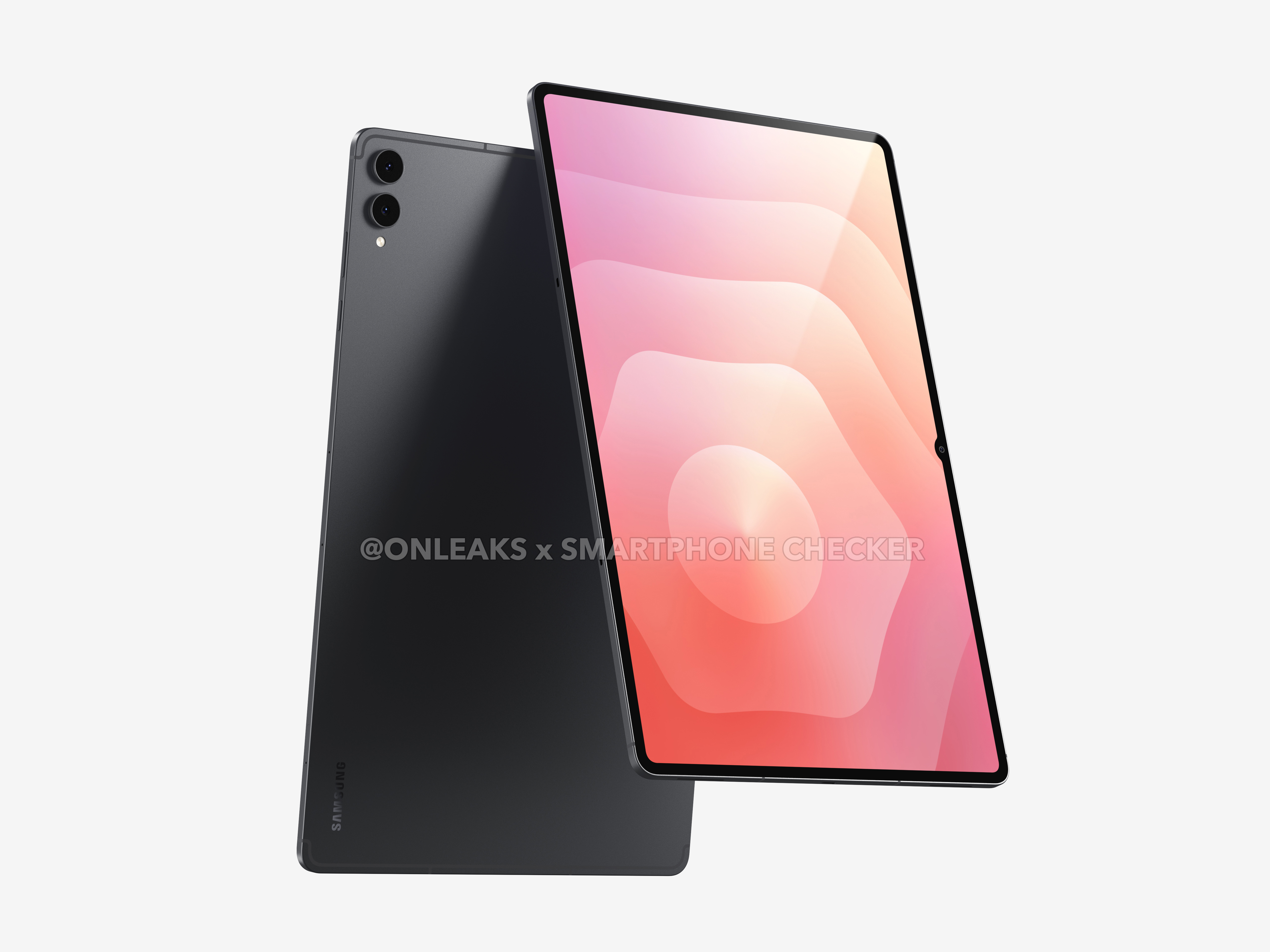 Samsung Galaxy Tab S12 Ultra leaked render, angled rear and front view